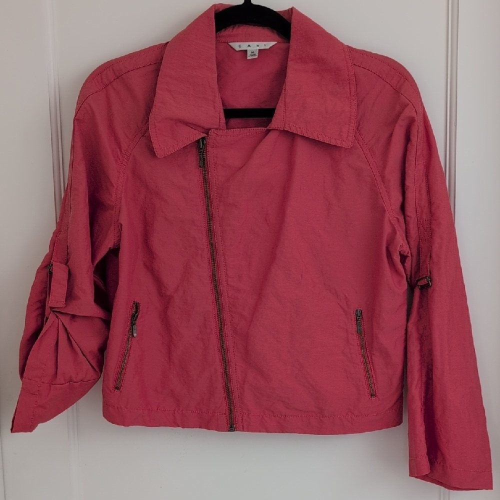 CAbi Cropped Moto Scooter Jacket #913 Medium M Coral Pink Asymmetrical Zip EUC